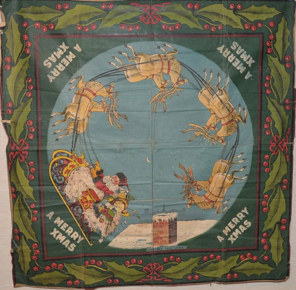 A RARE VICTORIAN CHRISTMAS TREE 'CARPET': A great oil cloth like piece 60 inches square to go beneath the tree, fabulous graphics, made of a cloth similar to the coated cloth children's books of the period, lithographed designs and titled 'Wa