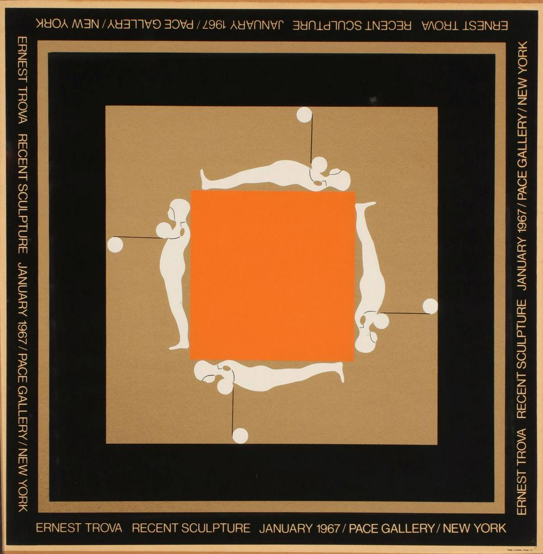 ERNEST TROVA EXHIBITION POSTER PACE GALLERY 1967: The original serigraphic poster announcing an exhibition of Ernest Trova's recent sculpture at Pace Gallery in New York, 1967, has not been examined outside its frame. Poster measures 26 x 26, frame i