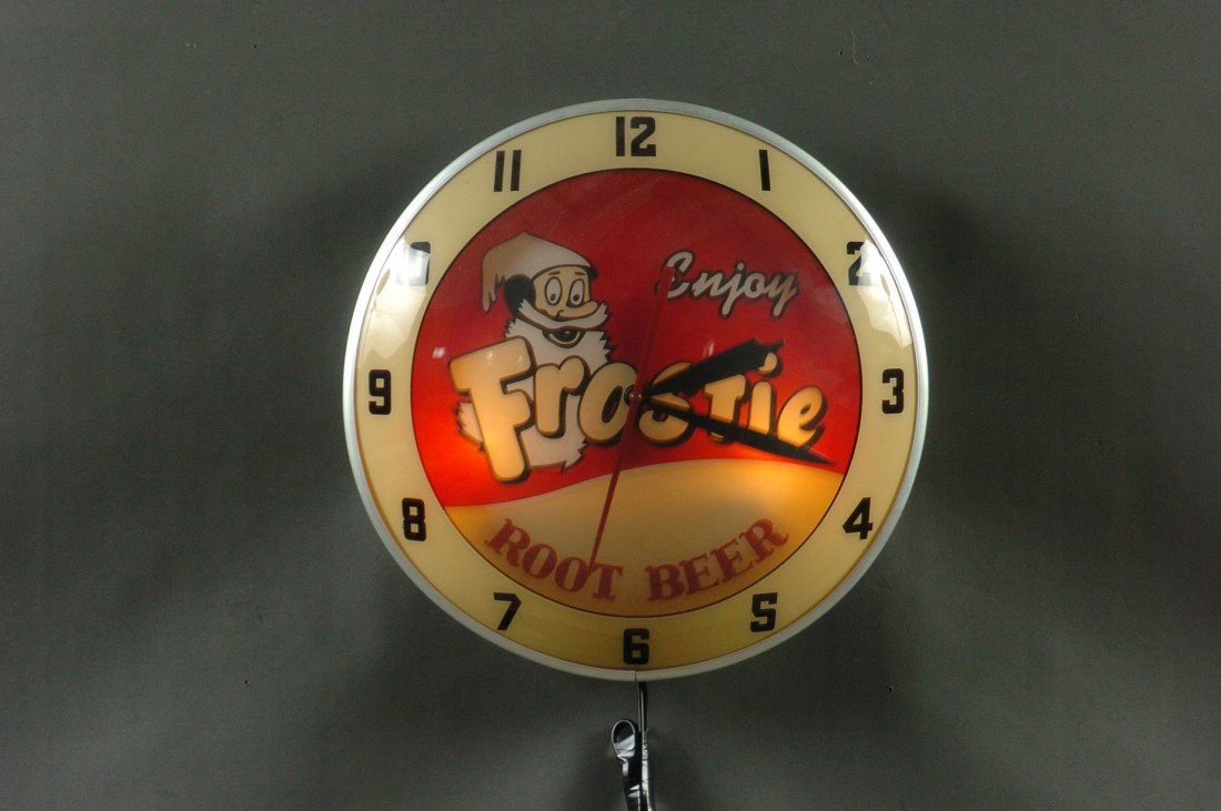 FROSTY ROOT BEER ADVERTISING CLOCK: Modern, 15 inches in diameter.