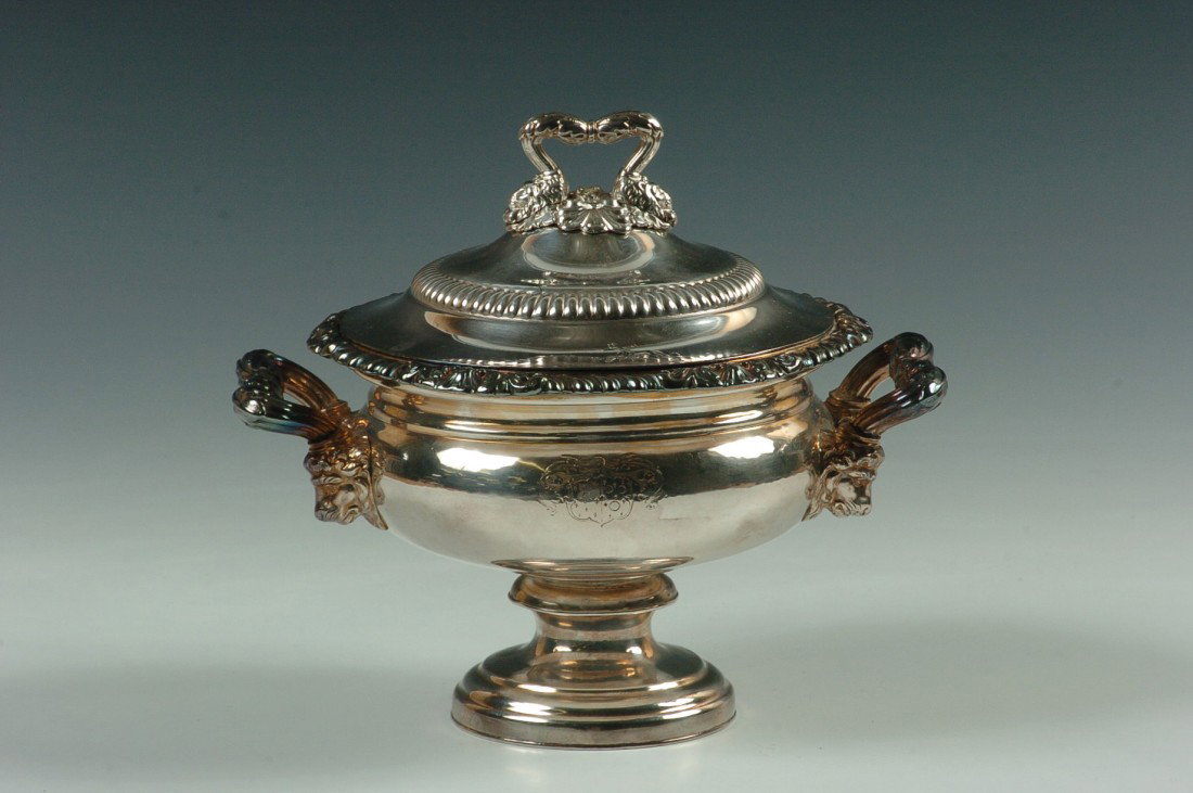 A MATTHEW BOLTON SHEFFIELD PLATE SUGAR BOWL: A fine Matthew Boulton sugar bowl with engraved crests. Lion head masks at the handles. Measures 7 x 8 inches.