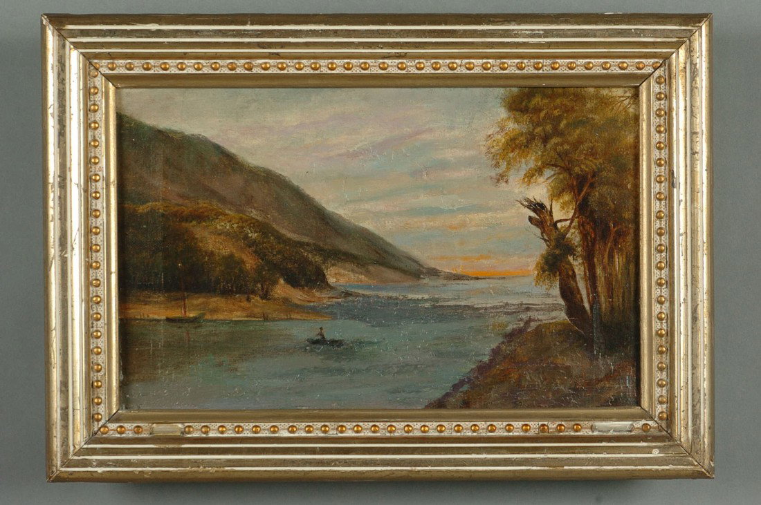 A HUDSON VALLEY SCHOOL OIL ON CANVAS: A good 19th century oil on canvas with title in pencil on the stretcher: 'Hudson River from West Point.' by unknown source 7 x 11 inch canvas, 9.5 x 13.5 inch frame. Major restoration