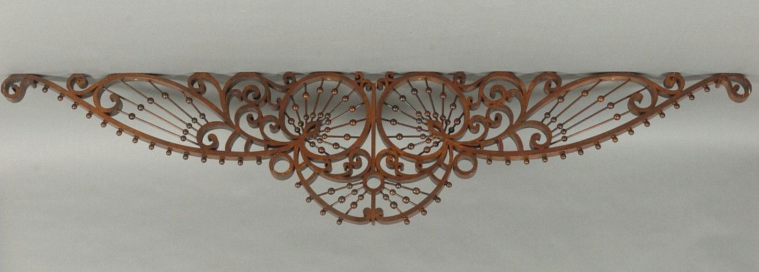 EXCEPTIONAL OAK STICK & BALL SCROLL CUT FRETWORK PANEL: Made up of two-inch thick layered oak stock that was scroll cut and accented with stick-and-ball decoration. Measures 20 x 96.5 inches. Very unusual