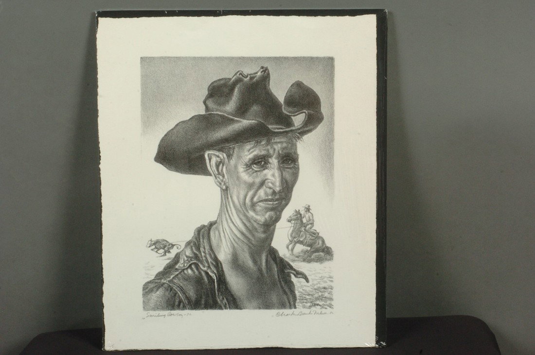 CHARLES BANKS WILSON (1918 - ) LITHO 'SMILING COWBOY': Titled 'Smiling Cowboy - 32' in pencil to lower left corner, signed 'Charles Banks Wilson' lower right. 12.25 x 9.25 inch image field, 16.25 x 13.25 inch sheet. In protective shrinkwrap.