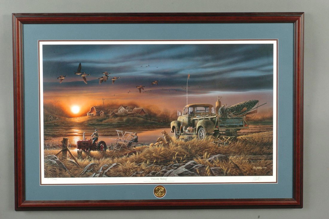 DUCKS UNLIMITED GOLD MEDALLION SIGNED PRINT BY TERRY RE: Titled, 'Patiently Waiting,' subtitled 'Using the Trusty Old 'Jimmy' to Combine Work and Pleasure.' Pencil signed lower right margin, edition numbered DU 3119/4900 lower left. 18-1/2 x 31-3/4 inch ima