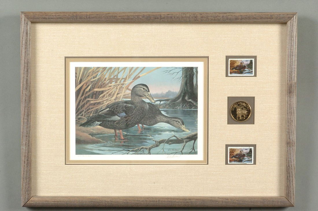 AN R.J. MCDONALD KENTUCKY WATERFOWL PRINT & STAMPS, GOL: Pencil signed print by R.J. McDonald, Ducks Unlimited gold medallion edition, for Kentucky Waterfowl Stamp. Signed lower right margine, edition numbered 2078/8189 lower left. Matted, with inset Ducks