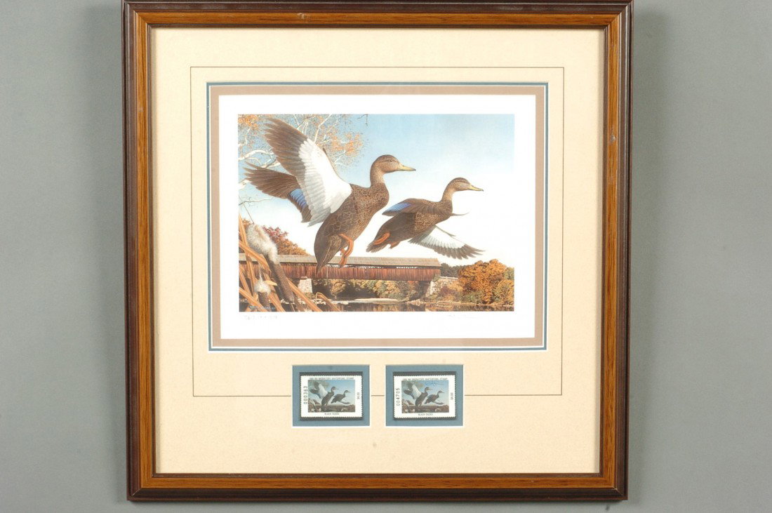 SIGNED LIMITED EDITION STAMP PRINT BY ROBERT STEINER: Titled 'Black Ducks.' Signed lower right margin, edition numbered 363/5507 lower left. Matted, with two inset 1989 NH Migratory Waterfowl Stamps. 6-1/2 x 9 inch image field, 16-1/2 inch square frame.