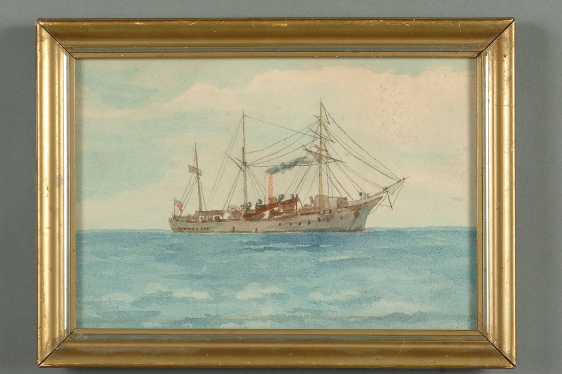 AN UNSIGNED WATERCOLOR NAVAL SCENE: Late 19th century naval vessel. 9.25 x 12 inch frame.