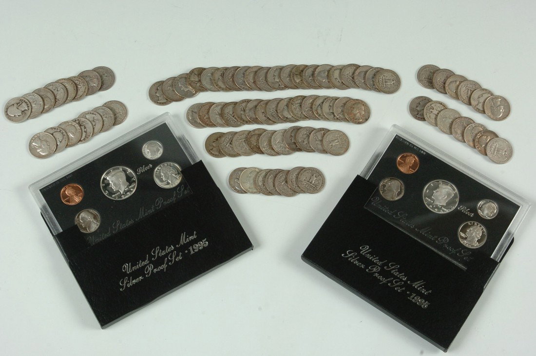 $20 FACE VALUE U.S. SILVER COINAGE PLUS PROOF SETS: Includes $20 in face value of 1964 and earlier U.S. silver quarters. Plus two 1995 'United States Mint Silver Proof' sets in original cases and slip-covers.