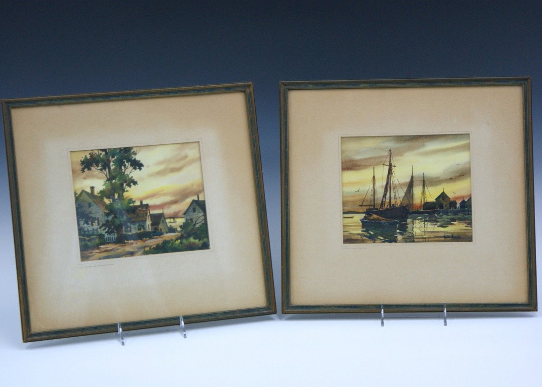 TWO JOHN HARE (1908 - 1978) WATERCOLORS: Both signed 'John Hare' in lower right corner. One harbor scene with 'Sunset - Cape Cod Bay' written on mat; other 'Late Afternoon - Provincetown.' Both with 6-1/2 x 7-5/8 inch image fields, in 14 x 1