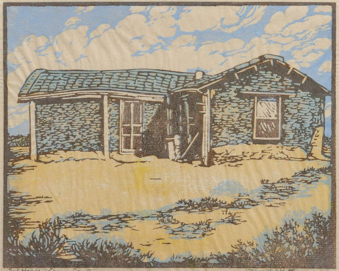 MARGARET WHITTEMORE (1897-1983) PENCIL-SIGNED WOODBLOCK: Margaret Whittemore (Kansas, 1897-1983) Sod House, Logan County The color woodblock print is signed by the artist Margaret Whittemore in pencil below the image lower right and titled lower left. Image
