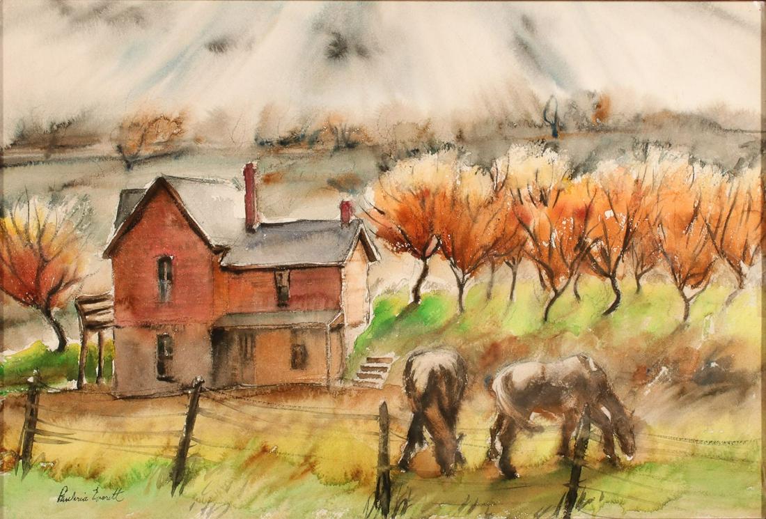 PAULINA EVERITT (1905-1996) WATERCOLOR ON PAPER: Paulina Jones Everitt (Missouri, Kansas, 1905-1996) Signed lower left. Sight size 14.5 x 21.25, frame measures 19.5 x 26.25 inches.