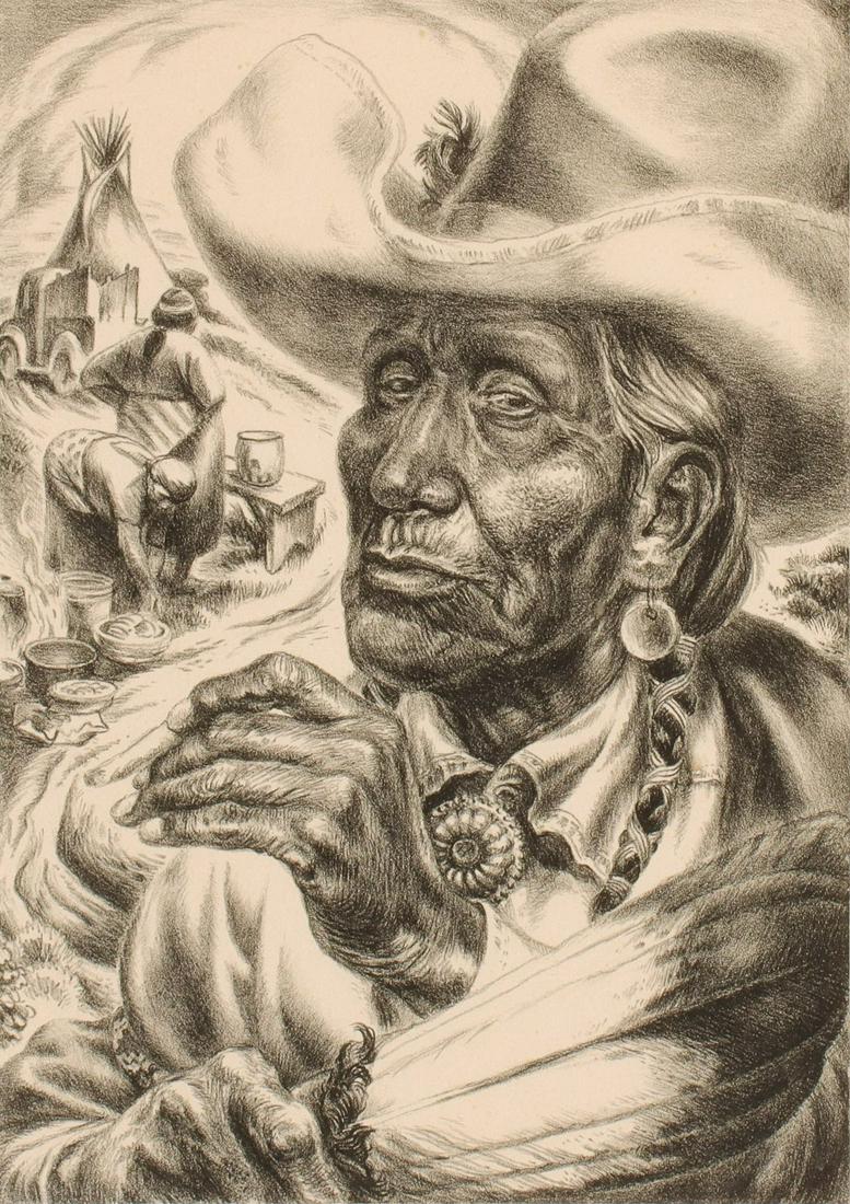 CHARLES BANKS WILSON (1918-2013) PENCIL SIGNED LITHO: Charles Banks Wilson (Oklahoma, 1918-2013) Old Injun! 1950 The lithograph signed and dated by the artist in pencil below the image lower right is titled on the lower left. Image size 11.75 x 8.25, fra