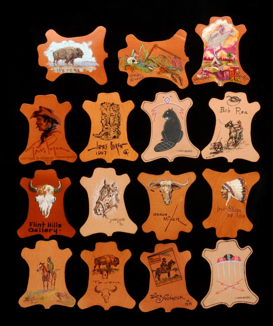 FIFTEEN HAND PAINTED COWBOY ARTIST AUTOGRAPH PELTS: A unique collection of original hand painted, or color inked, cowhide shape leather cards collected by Tom Watson, an Honorary Member of the Cowboy Artists of America, oft-times legal advisor to the o