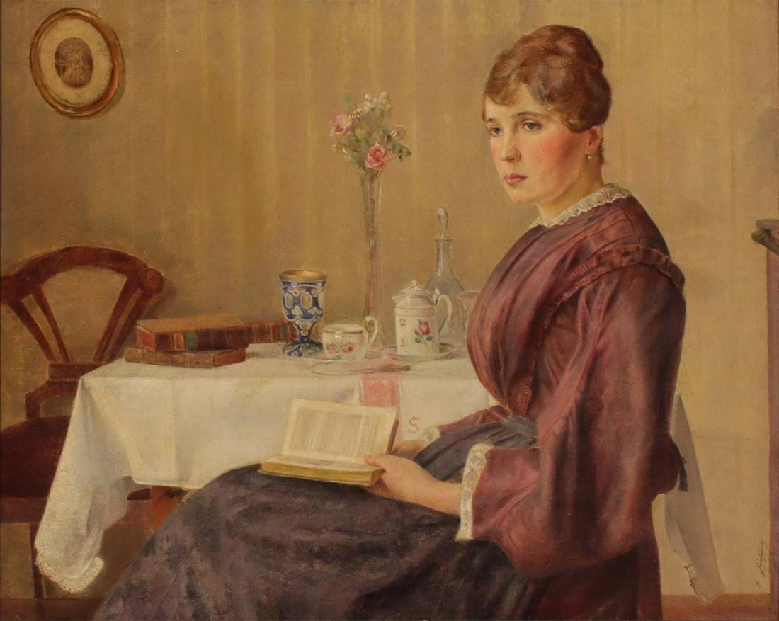 PHILLIP KAUFMANN (1888 - 1969) OIL ON ARTIST'S BOARD: Phillip Friedrich Kaufmann (1888 - 1969) Woman Reading 1930 The realist interior scene with books, roses in a vase and Bohemian glass goblet beside a woman in Edwardian dress is signed lower right fro