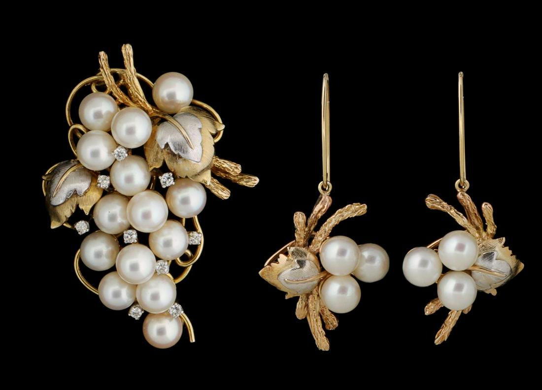 A THREE-PIECE DIAMOND AND PEARL BROOCH AND EARRING SET (1 of 9)