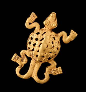 A PRE-COLUMBIAN CENTRAL AMERICA STYLE 14K PENDANT: The depiction of a stylized turtle cast in approximately 14 karat gold with bail for wearing as a pendant. Tests to at least 14 karat. Originally, the gold figurines and depictions created by the Amer