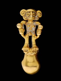 A PRE-COLUMBIAN STYLE 14K GOLD FIGURAL BELL PENDANT: The standing male figure with bail for suspension on a necklace is integrally sculpted as a bell. Tests to at least 14 karat. Originally, the gold figurines and depictions created by the Amerindians o