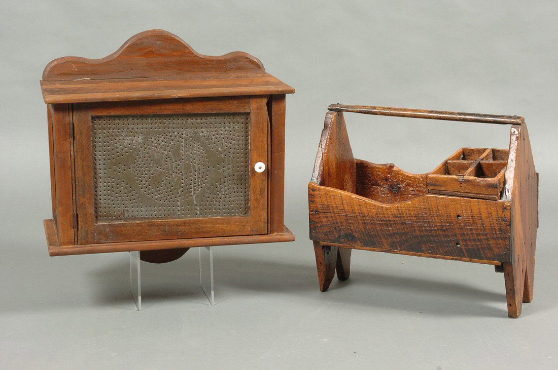 TWO PRIMITIVE PIECES: 'PIE SAFE' AND COBBLER'S CADDY: Actually a modern rendition of a hanging pie safe made from old wood measures 21 x 21 x 10, neat caddy measures 17 x 17 x 9 inches