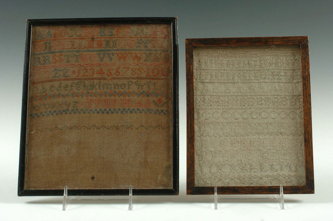TWO UNDATED ANTIQUE SAMPLERS: Four colors of thread worked on coarse linen with alphabet and decorative motifs, undated, framed size 10.75 x 9.25 inches; Taupe thread on a white linen, partial alphabet to the letter 'R', measures