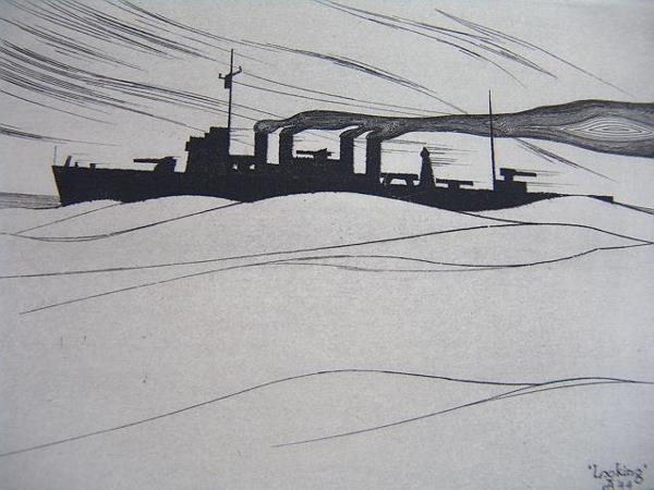 JOHN TAYLOR ARMS PENCIL SIGNED ETCHING OF W.W.II D: Titled "Looking" 1944, and pulled from a Wesleyan University demonstration plate in 1944. Four deckled edges, archivally matted, very good condition. Image size is 3.75 x 5.75 inches. Sheet size is 7.