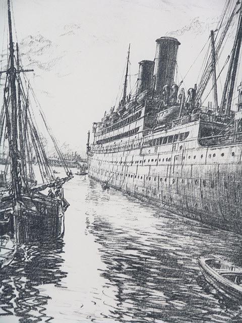PENCIL SIGNED LITHOGRAPH BY MUIRHEAD BONE (BRITISH: Large format lithograph titled "On The Clyde (The Tuscania At Glassgow), Circa 1918 Image size of 21.5 x 15 inches. Overall size 35 x 22.25.