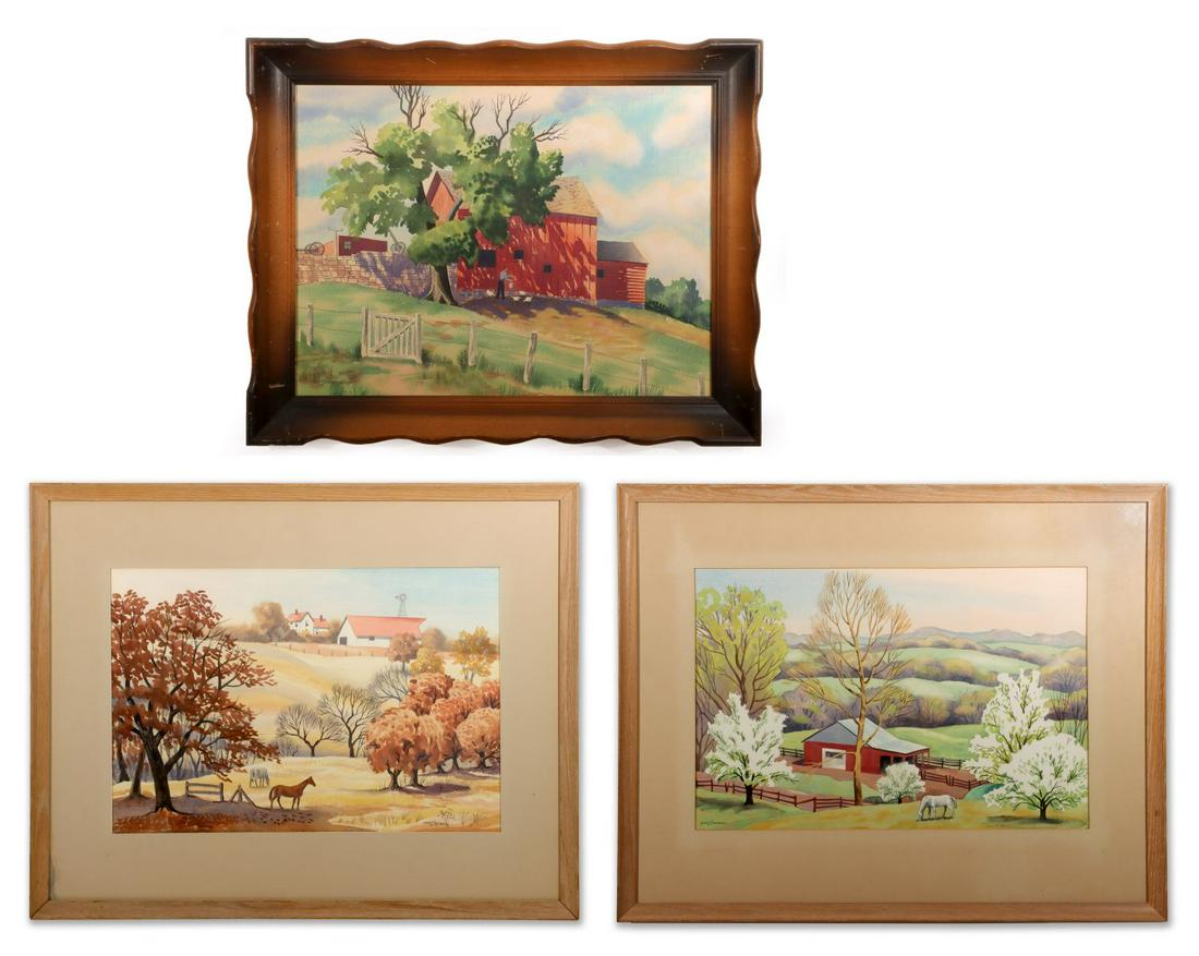 GALE STOCKWELL (1907-1983) THREE WATERCOLORS: Gale W. Stockwell (1907-1983) Three watercolors by the Kansas City Art Institute graduate who also worked under the depression era WPA program for artists. Overall framed sizes are 22.5 x 28, 23.5 x 2
