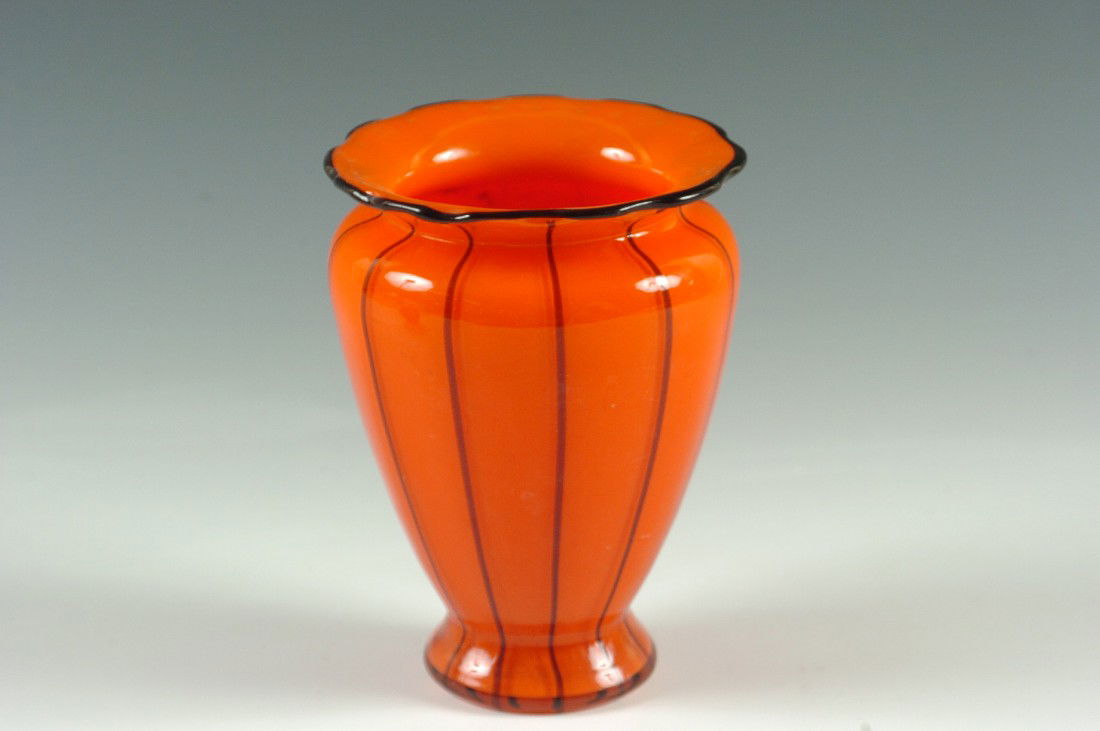 JOSEF HOFFMANN LOETZ ART GLASS VASE: Orange with vertical stripes and black rim. 5.5 h x 4 inch diameter.