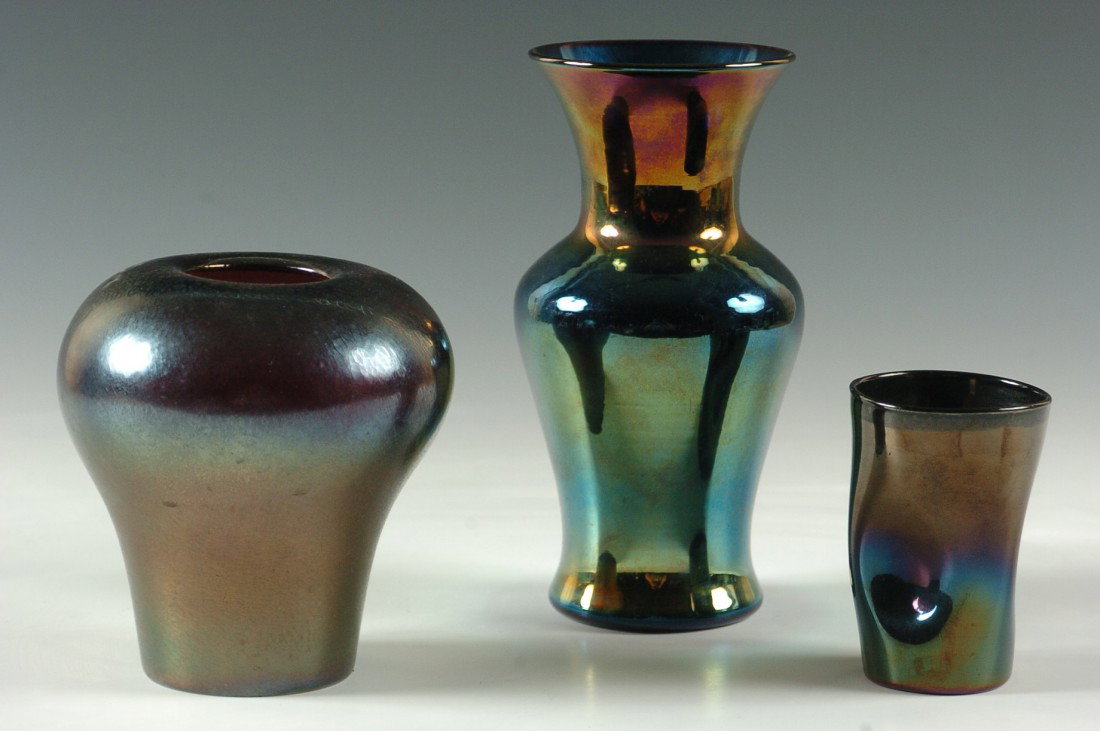 THREE PIECES OF IMPERIAL ART GLASS: The bulbous vase 4.75 h x 4.25 w has an embossed mark under the base, the other two 3.5 h x 2.25 w inches and 7 h x 3.25 w inches have a polished pontil.