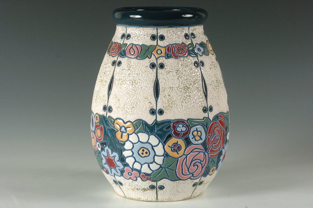 CZECH AMPHORA CARVED & ENAMELED ART DECO POTTERY VASE: Marked 'Amphora, made in Czechoslovakia.' Measures 10.75 h x 7.5 w inches.