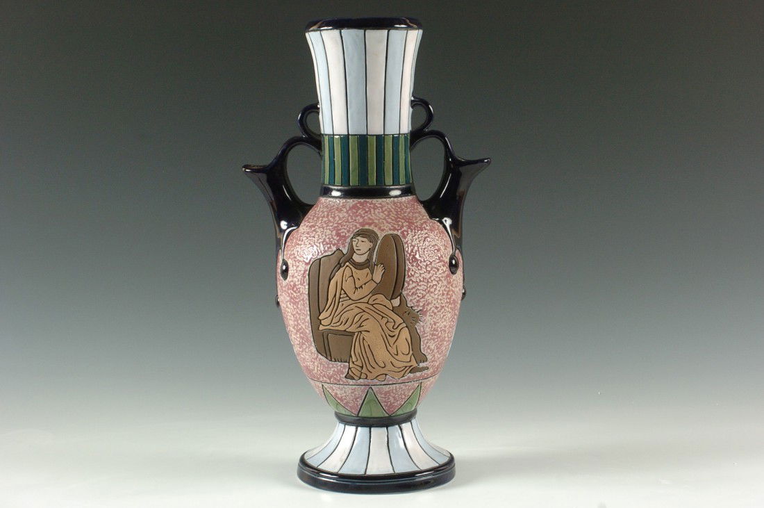 CZECH AMPHORA CARVED & ENAMELED ART DECO POTTERY VASE: Bottom marked 'Eleanor, Czechoslovakia.' Stands 15 inches.