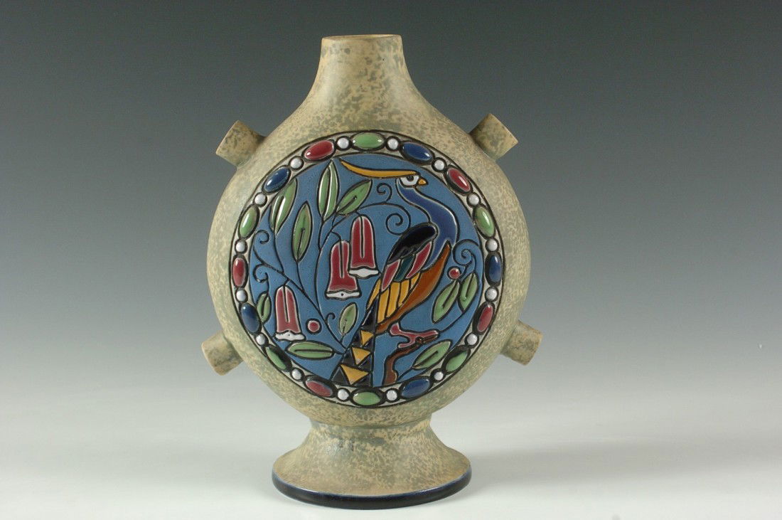 AMPHORA CARVED & ENAMELED VASE: Signed bottom with Czechoslovak mark. Measures 9.5 h x 7 w inches.