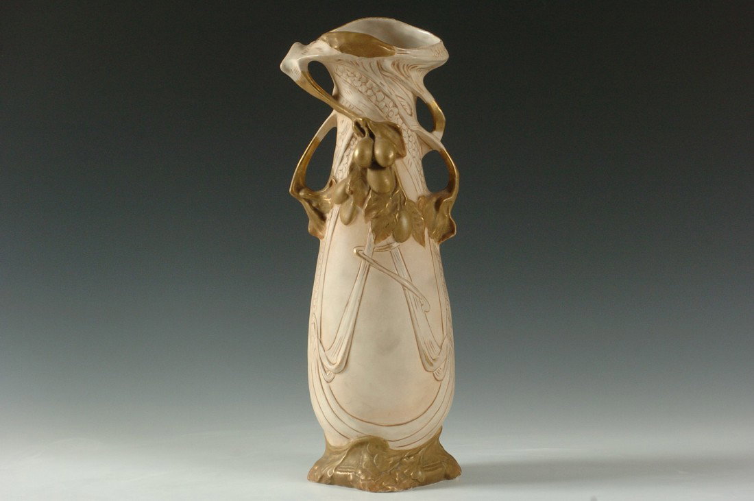 A ROYAL DUX ART NOUVEAU VASE 16 INCHES TALL: Stands 16 inches, pink applied triangular mark.