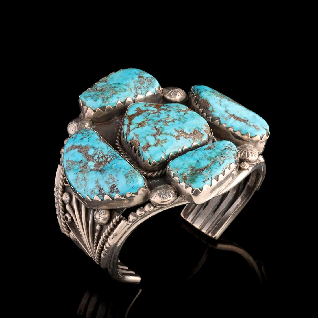 A NAVAJO BRACELET WITH FIVE MASSIVE MORENCI STONES (1 of 11)