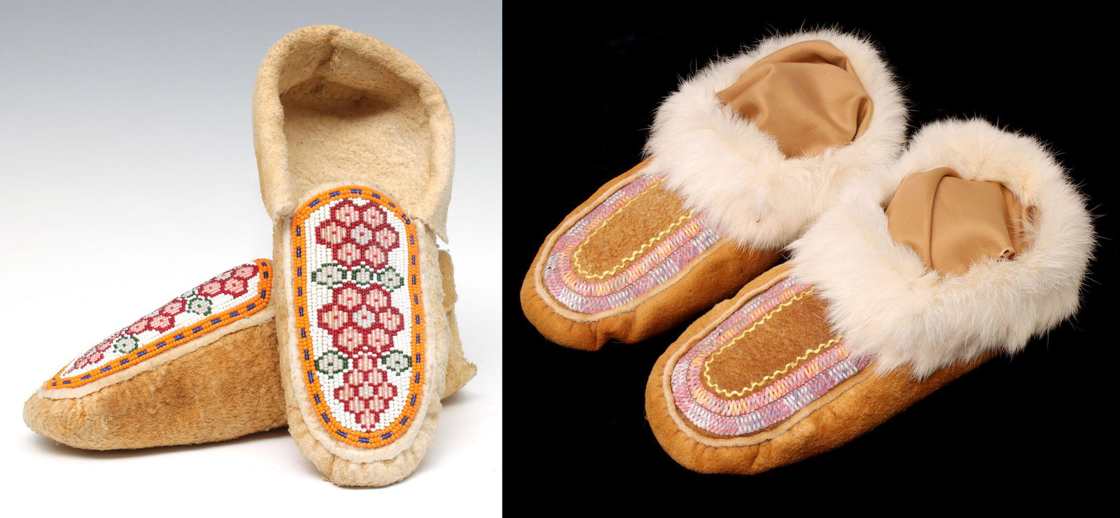 LATE 20TH CENTURY CREE AND ATHABASCAN MOCCASINS: Two pair of nice, clean examples as shown. Measures 3 x 9.5 x 3.5 inches. Measures 3 x 10.5 x 5 inches. Provenance: The 40 year collection of Father Tom Wiederholt, Kansas City, Missouri. Tom was a cl