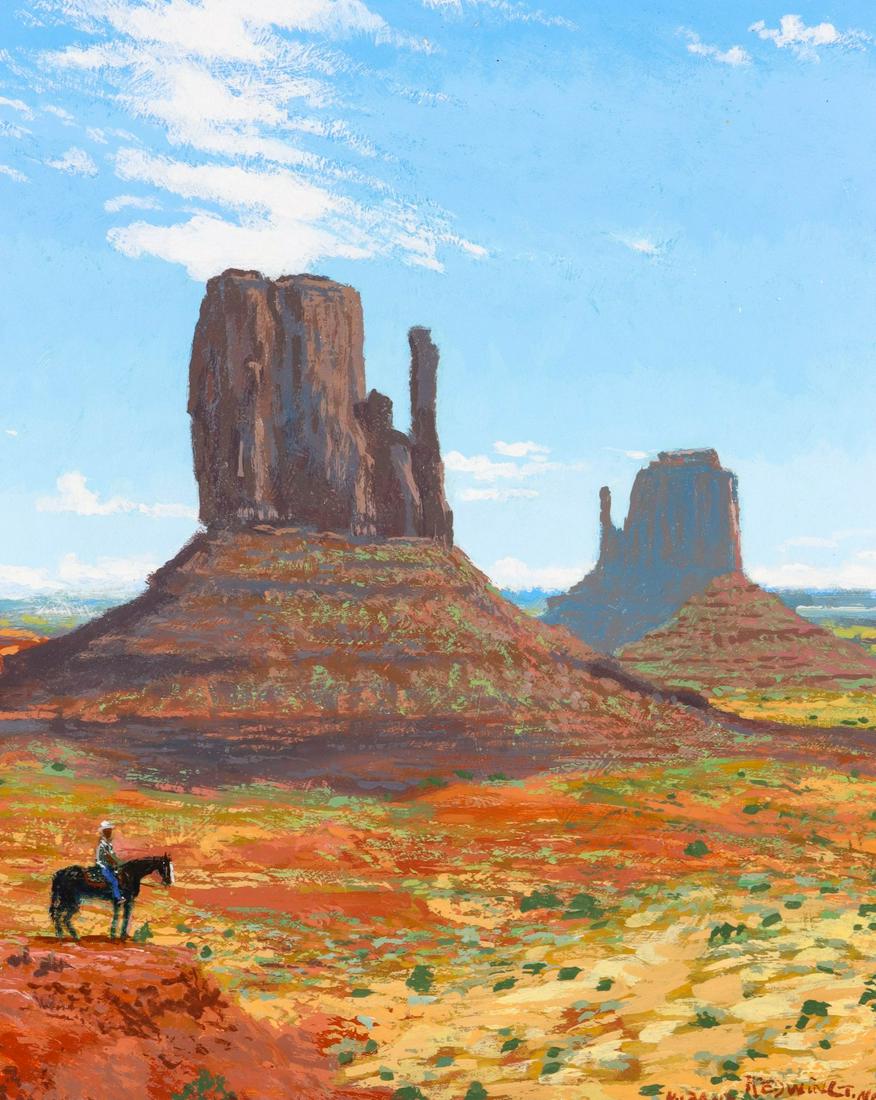 REDWING NEZ (BORN 1960) ACRYLIC ON PANEL: Redwing Nez (Born 1960) 2013 The composition with Navajo rider on horseback in Monument Valley is signed and dated lower right. Board measures 12 x 10 with a framed size of 13.75 x 11.75 inches. Be aw