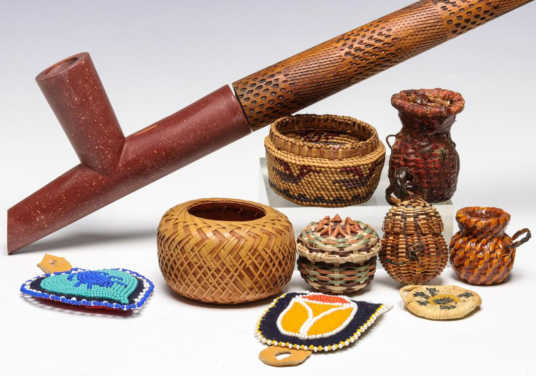POWWOW BEADWORK, MINIATURE BASKETS, CATLINITE PIPE (1 of 12)