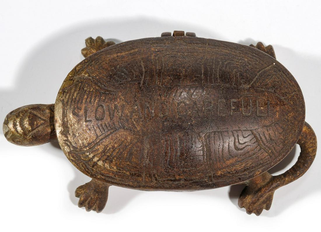 IRON TURTLE 'SLOW AND CAREFUL' MATCH SAFE C. 1900 (1 of 6)