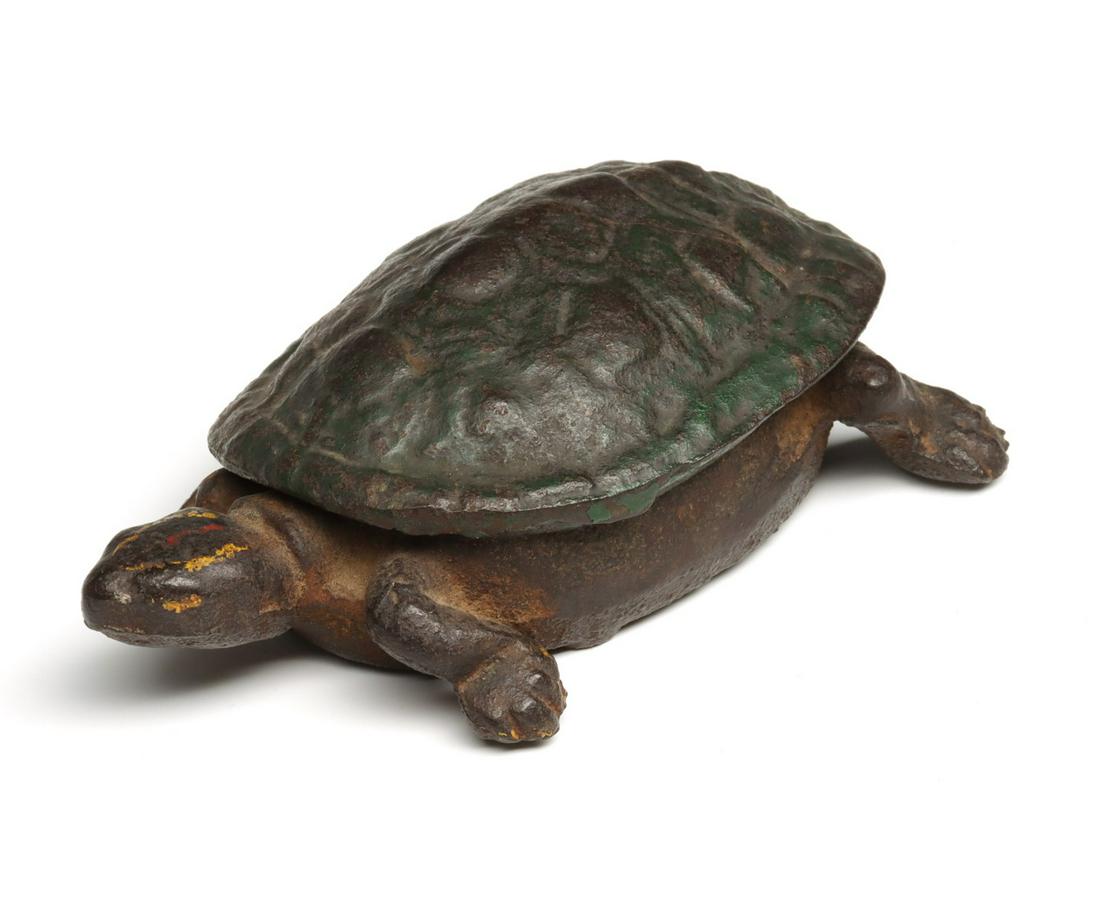 AN IRON TURTLE ADVERTISING MATCH SAFE C. 1900 (1 of 5)