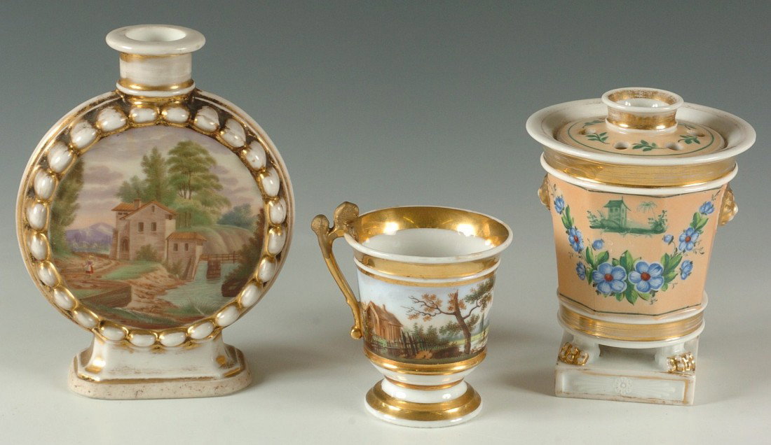THREE PIECES OF OLD PARIS PORCELAIN: A flask vase with fully hand painted decoration and gold highlights, measures 6.5 x 5 inches. A fully painted Empire style cabinet cup with repaired handle measures 4 x 3 inches and an Empire potpourr