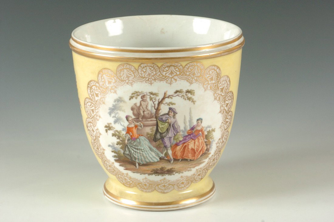 19TH C AUGUSTUS REX MARK MEISSEN QUALITY JARDINIERE: Fully hand painted scenes of figures in 18th century garb on one reserve and hand painted florals on the other, all on yellow ground with light gold tracery. Signed with a blue underglaze conjoined ma