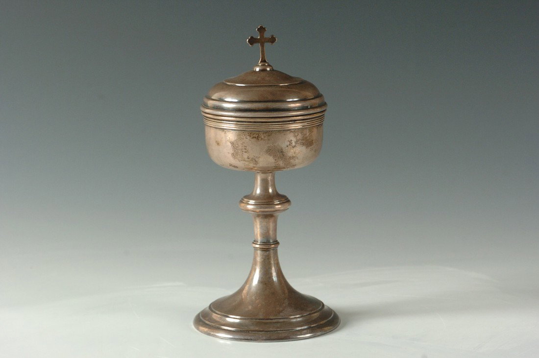 GORHAM SILVER PLATED COVERED CHALICE: Monogram reads 'In Memory of Grace C. Landolf 1945'. Hallmarked 'Gorham EP 04480'. Measures 8.5 h x 4 w inches.