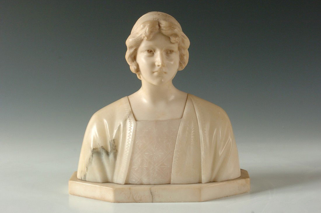19TH C. VICTORIAN ITALIAN ALABASTER SCULPTURE: An Italian bust titled 'Mignon' with a lavender stained bodice, measures 10 h x 10 w x 5 l inches.