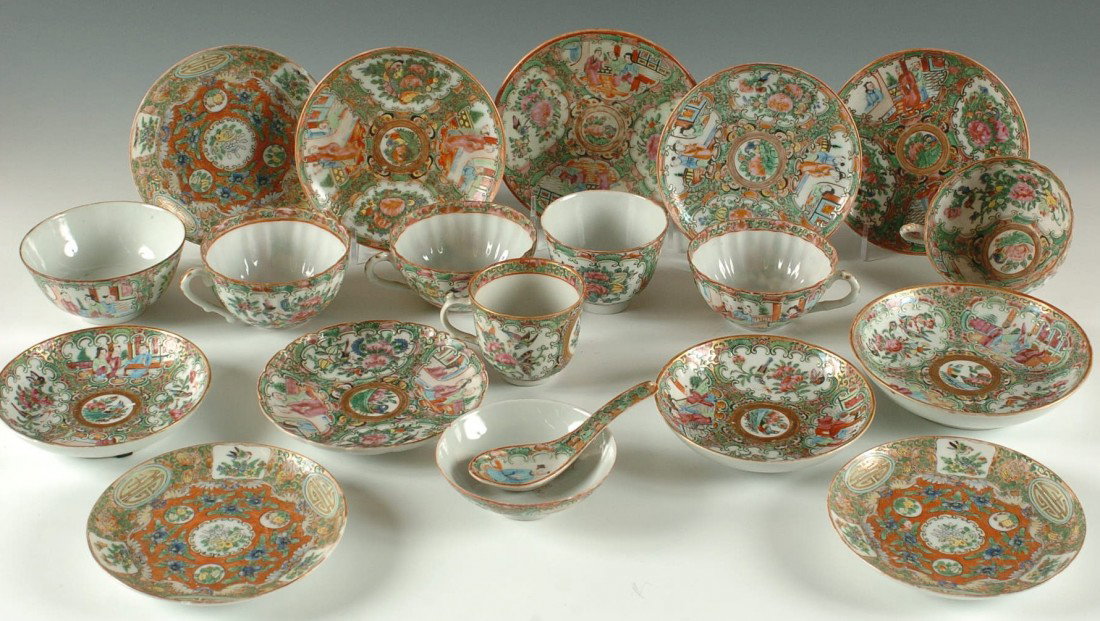 26 PIECES OF ROSE MEDALLION CHINA: Cups measure approximately 2 x 3.75 inches, plates and saucers measure approximately 5.75 inches, handleless cup 2 x 4.25 inches - with crack, bullion cup 2-3/8 x 2-1/4 inches, spoon 4.75 inches,