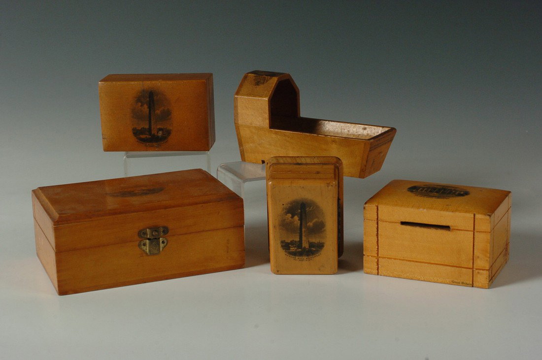 FIVE MAUCHLIN WARE BOXES AND CADDIES: Includes four boxes with images of Watch Hill, Bunker Hill Monument and the White House, plus a cradle shaped caddy with Galloway Kirk, but missing rockers. Largest box measures 2.25 x 5.5 x 3.25 inch