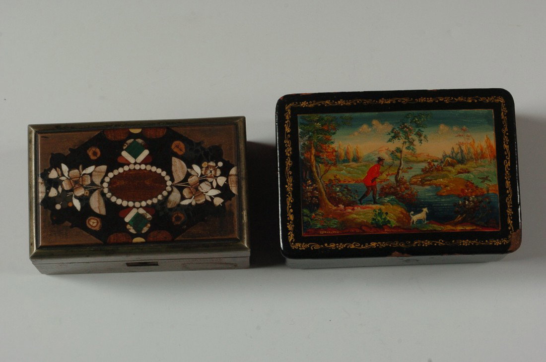 TWO PIETRA DURA AND RUSSIAN LACQUER BOXES: Pietra Dura hinged lid box with lock (no key), measures 2 x 4 x 2.5 inches; also a Russian lacquered box, 1.75 x 4.25 x 3 inches.