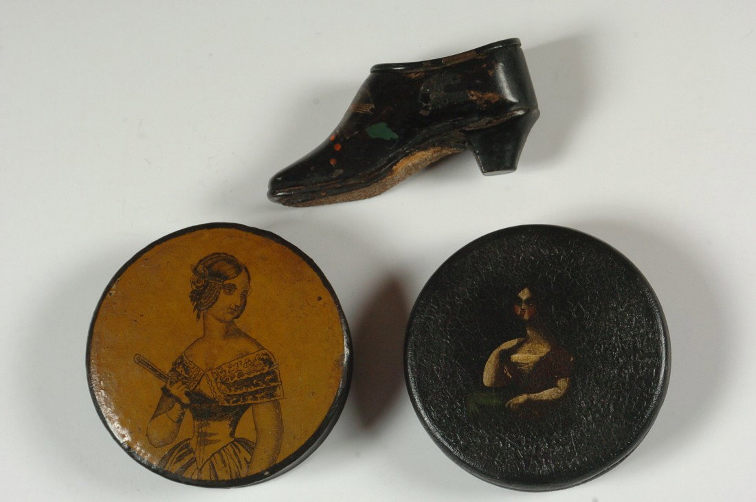 THREE EARLY 19TH CENTURY PAPIER MACHE SNUFF BOXES: Includes two round boxes with portaits on lids, both approximately 3 inches, plus a shoe form box, 1.5 x 3 inches.