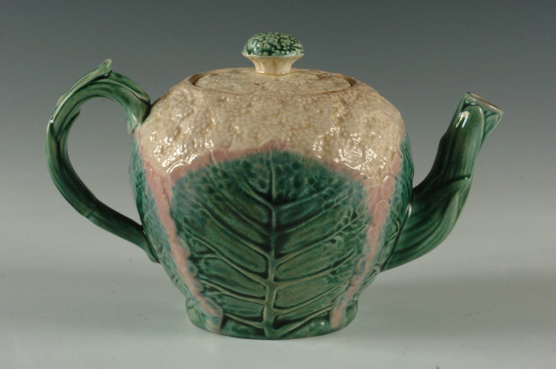 MAJOLICA CAULIFLOWER PATTERN TEAPOT: With lid. Griffen Smith and Hill monogram to bottom. Measures 5 x 8.5 inches.