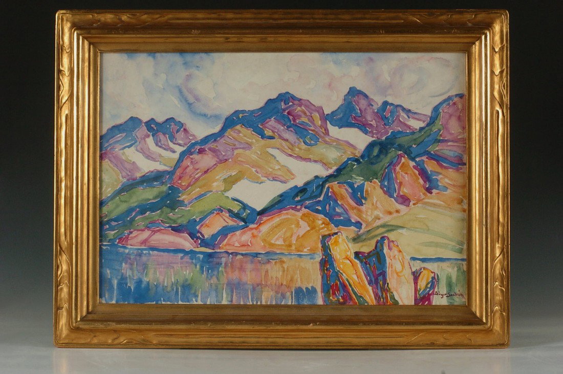 BIRGER SANDZEN (1871 - 1954) 1930'S COLORADO WATERCOLOR: Watercolor on paper signed lower right, circa 1930s, a lake in the mountains with snow, measurements are 15 x 21.5 inches sheet size in a custom hand carved period frame 19.75 x 26.5 inches. Provenanc