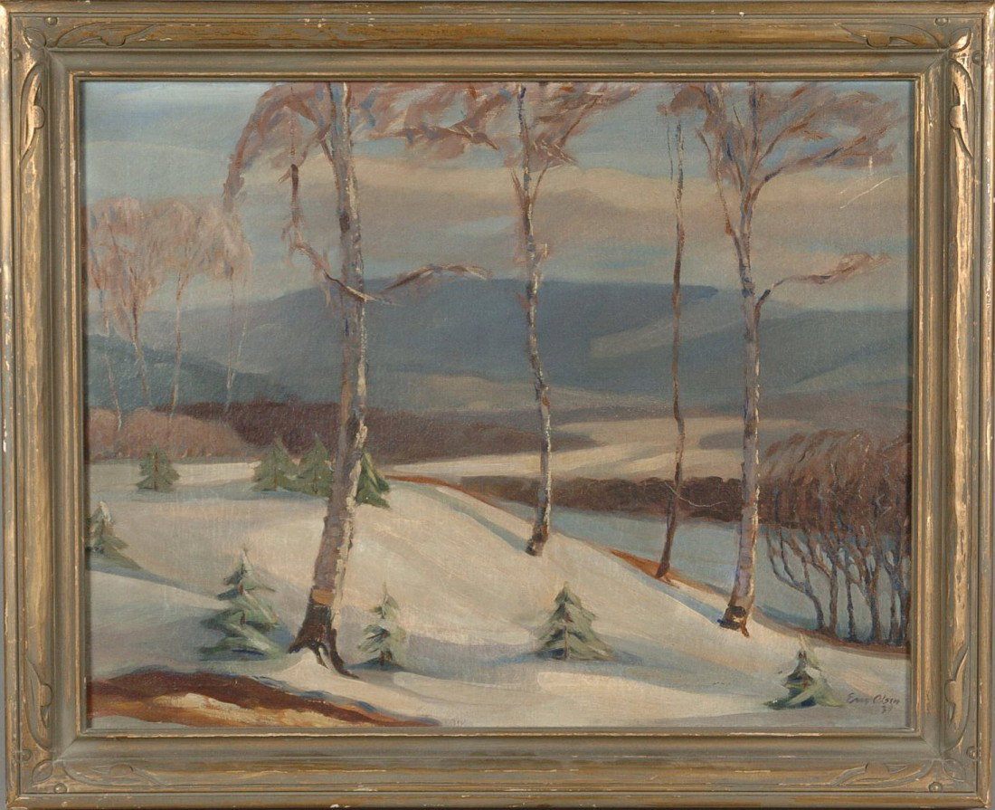 LARGE 1939 OIL PAINTING SIGNED E. M. OLSEN: Signed and dated lower right, measures 22 x 28 inches, original custom period frame.
