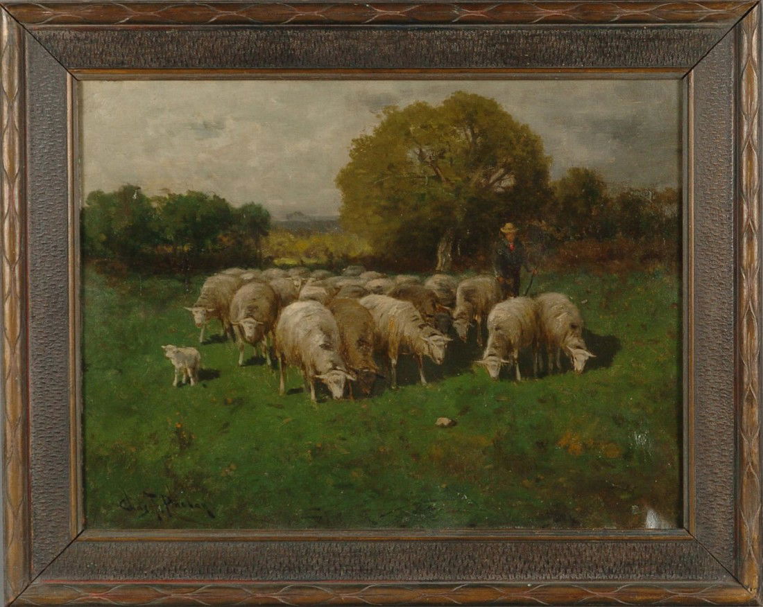 CHARLES T. PHELAN (1840 - ) PAINTING LISTED NY ART: A figure tending sheep and a popular theme for this New York artist. Signed lower left, measures 19 x 25 inches, original period frame measures 24 x 30 inches. Considerable repairs